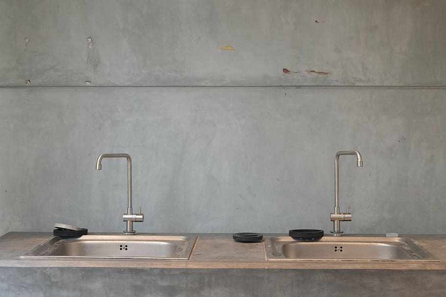 two, gray, sinks, faucets, wash, dish, water, sink, kitchen, housework