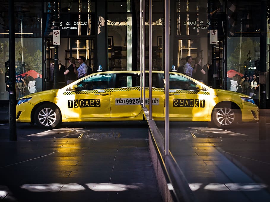 yellow, taxi, car, vehicle, transportation, city, urban, road, street, crowd