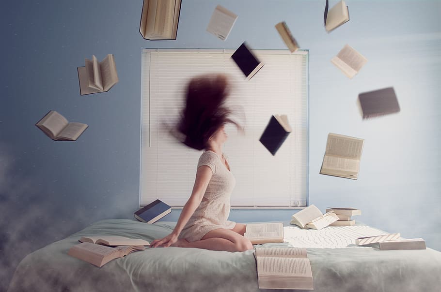 woman, bed, flying, books, adult, brown hair, furniture, girl, levitate, room