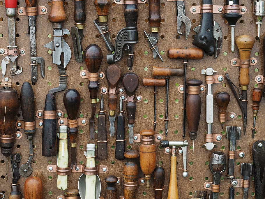 Surtido, de mano, herramienta, marrón, superficie, herramientas, punzón, alicates, antigüedades, equipo