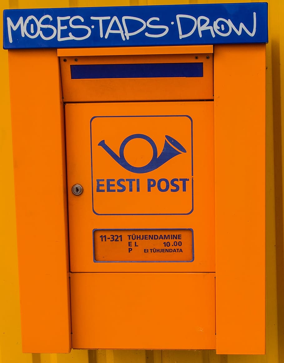 estonia, baltic states, post, eesti post, mailbox, text, communication, sign, western script, orange color