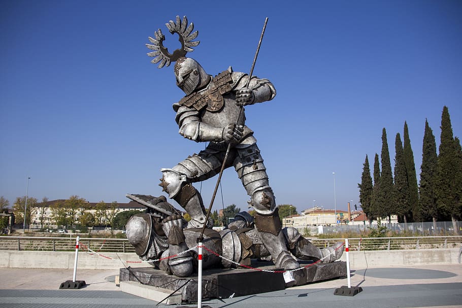 armored character statue, italy, sculpture, heroes, statue, verona, figure, artwork, art and craft, sky