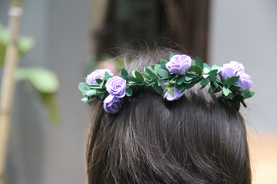 girl, purple, flower headband, purple flower, headband, flower band, hair, cute, child, flower