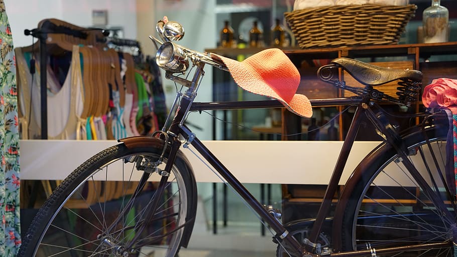 orange, sun hat, bicycle handlebar, old, bicycle, window, display, ladies, wear, hat