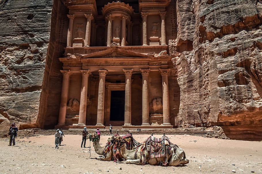 petra, jordan, treasury, ancient, monument, architecture, landmark, desert, camels, tourism
