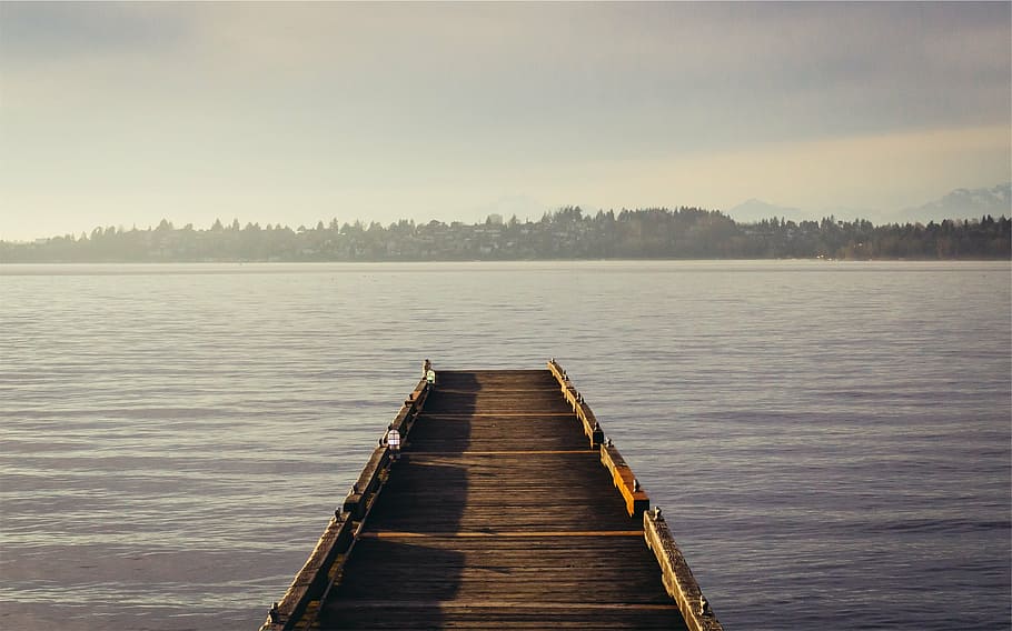 wooden, dock, body, water, landscape, photography, brown, boat, lake, tranquility