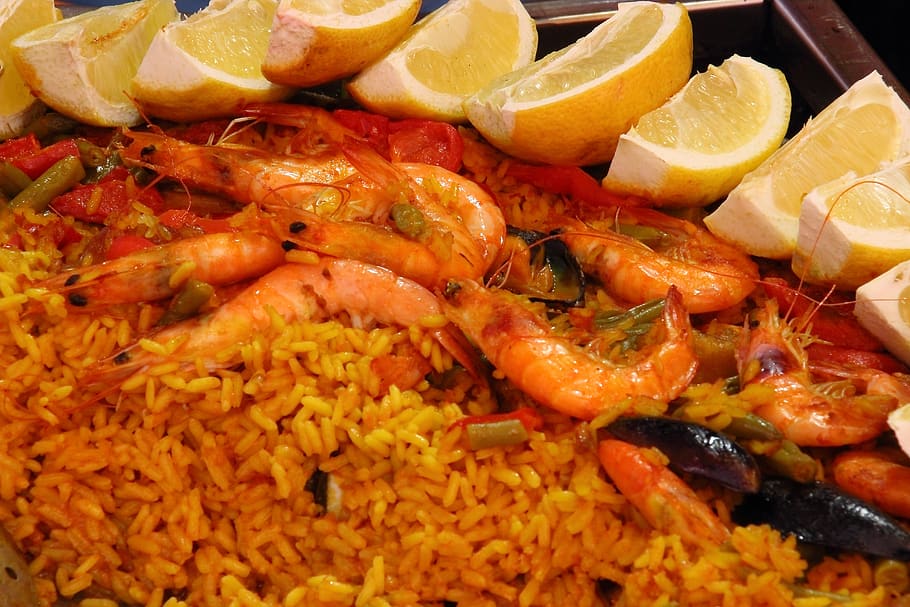 paella, rice, scampi, lemons, spain, national dish, eat, shrimp, food, seafood