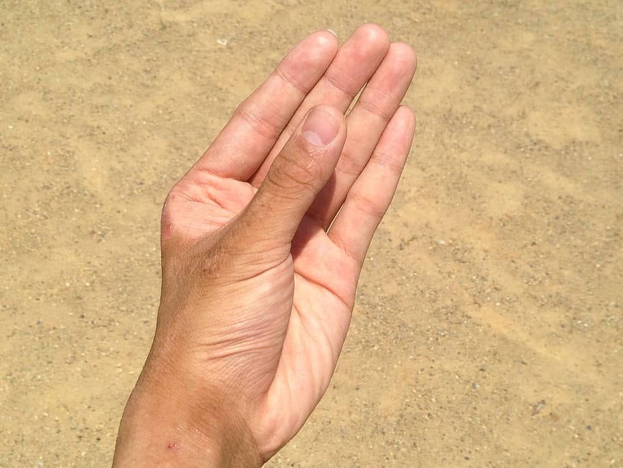 telapak tangan manusia kiri, tangan, kuku, pasir, memiliki, telapak tangan, jari, muda, Jepang, orang
