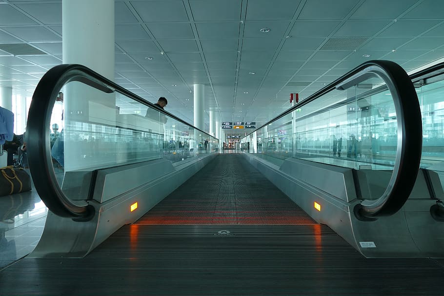 airport, munich, escalator, treadmill, roll band, movement, illuminated, architecture, indoors, the way forward