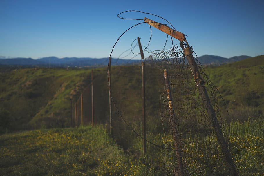 landscape photography, green, grass field, fence, tilt, shift, lens, photography, rusted, metal