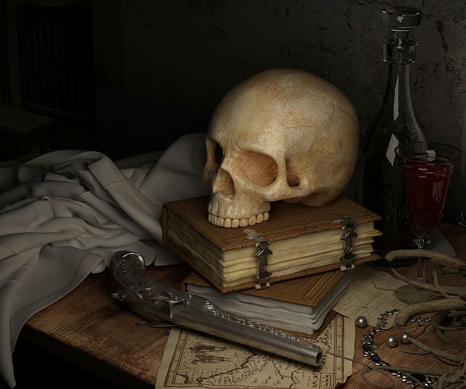 skull, brown, book, dark, map, gun, still life, human skeleton, human bone, human skull