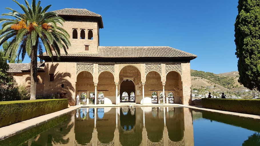 Granada, Alhambra, Andalucía, atracción turística, España, arquitectura, estructura construida, agua, exterior del edificio, reflexión