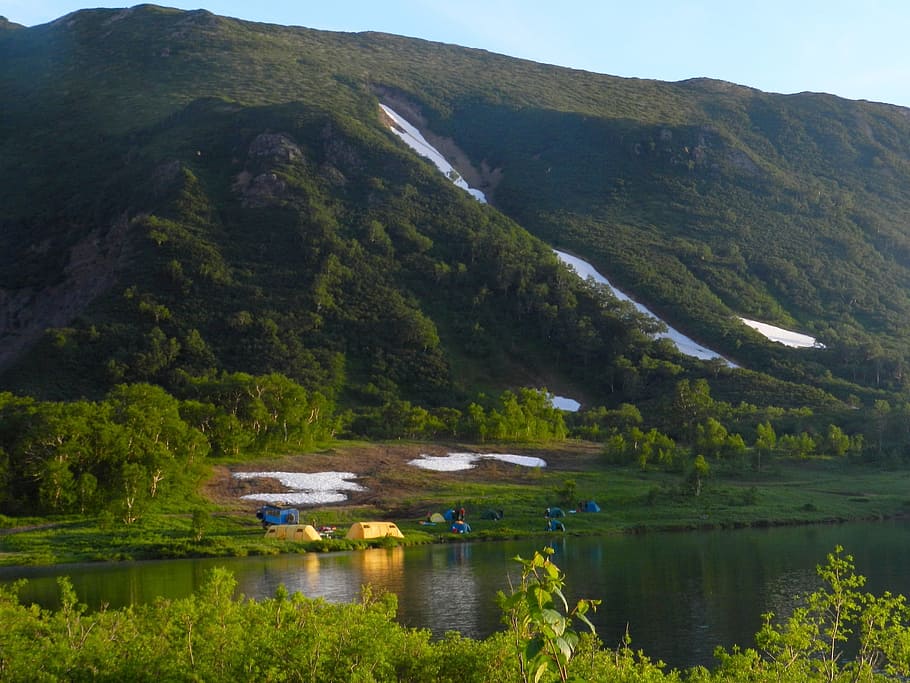 mountains, lake, tourist camp, tents, summer, snow, sneznik, landscape, nature, journey