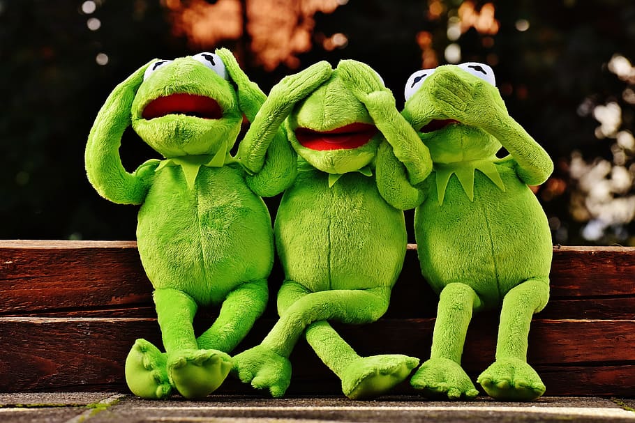three, kermit, frog, plush, toys, not hear, not see, do not speak, funny, cute