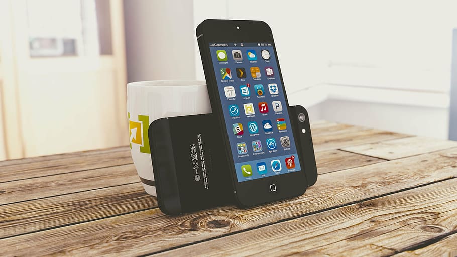 hitam, ipod touch, di samping, putih, keramik, mug, iphone, kantor, kerja, bisnis