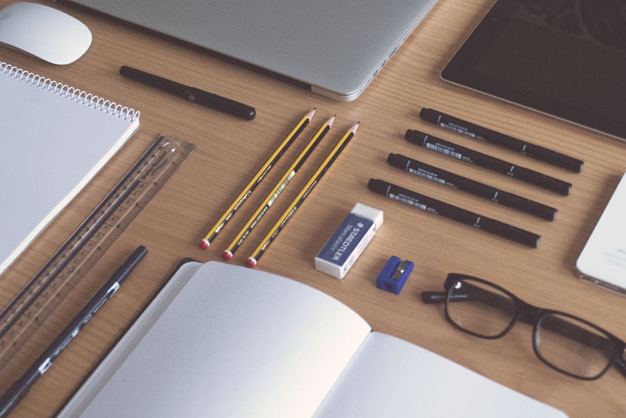 desk, office, flat lay, tools, writing, computer, laptop, business, lance, startup