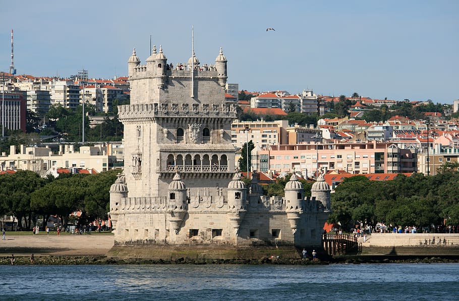 white castle, belém tower, lisbon, portugal, architecture, built structure, building exterior, water, waterfront, city
