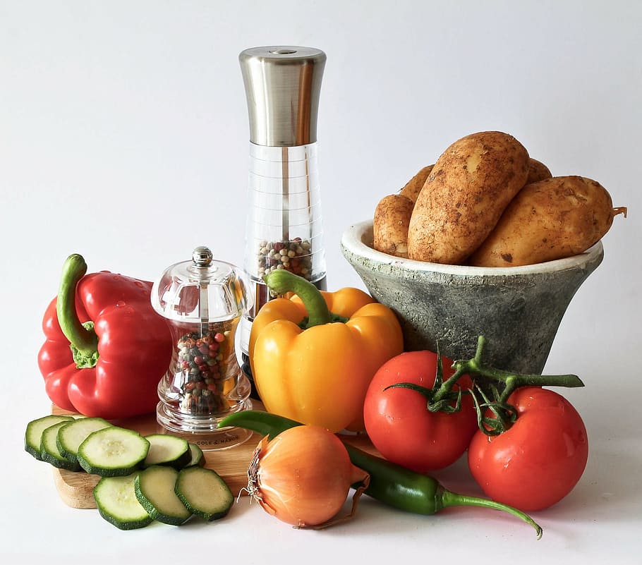 assorted, fruits, condiment shakers, tomatoes, paprika, vegetables, vitamins, eat, food, kitchen