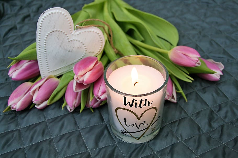white, candle, pink, flowers, flower, tulips, love, the ceremony, valentine's day, 14