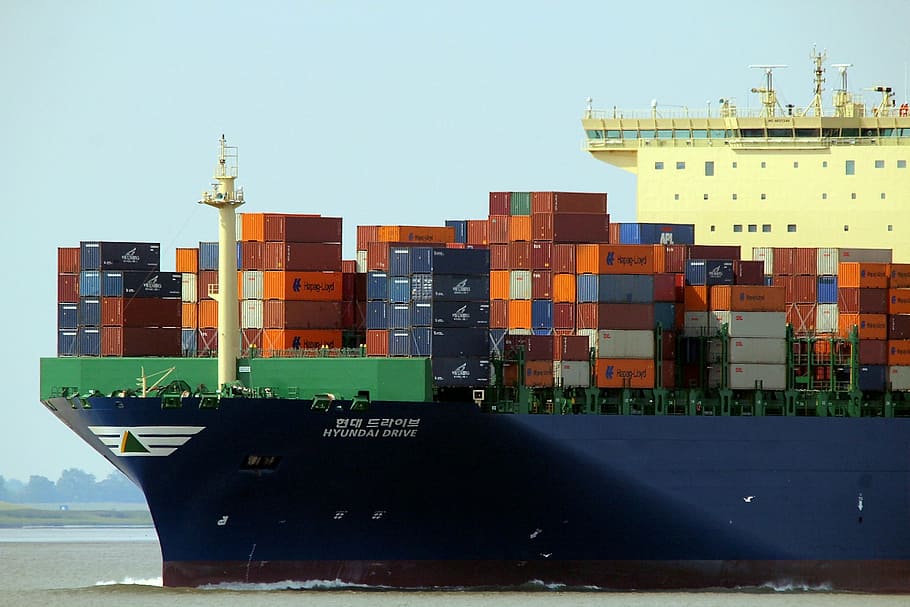 barco de transporte azul, contenedor, barco, carga, carguero, envío, transporte, carga Transporte, contenedor de carga, puerto