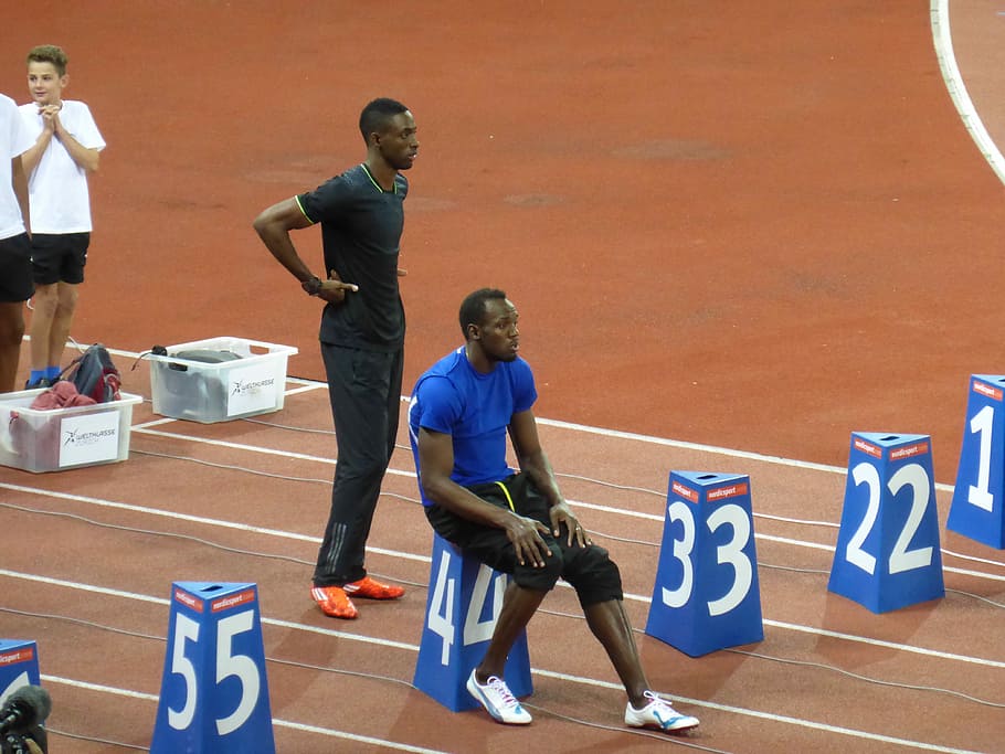 hombre, vistiendo, azul, camiseta, Usain Bolt, 100 M, Run, Sport, 100 m run, clase mundial
