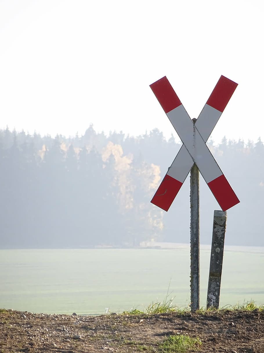 fog, andreaskreuz, train, note, street sign, caution, level crossing, rail traffic, warning, traffic sign