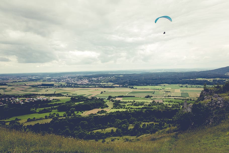 person paragliding, green, grass field, Paragliding, Fly, Float, Paraglider, sky, dom, summer