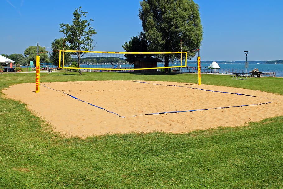 Amarillo, cancha de voleibol de playa, durante el día, voleibol de playa, voleibol, campo de juego, campo de voleibol, red de voleibol, red, arena