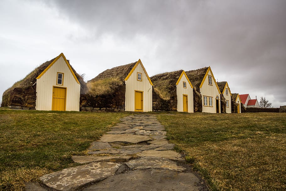 iceland, farmhouse, away, home, old, clouds, architecture, building exterior, built structure, building