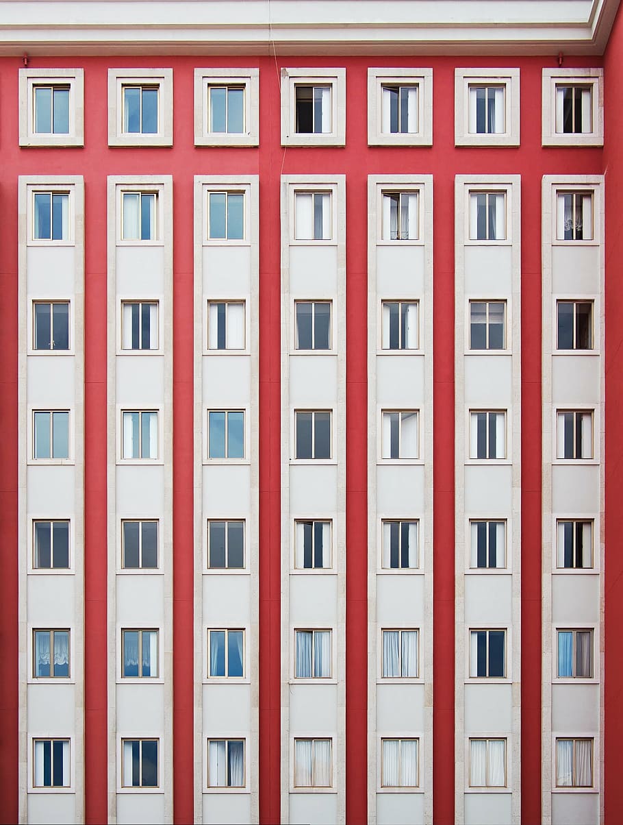 branco, vermelho, estrutura do edifício paited, arquitetura, construção, apartamento, janelas, condomínio, simetria, parede