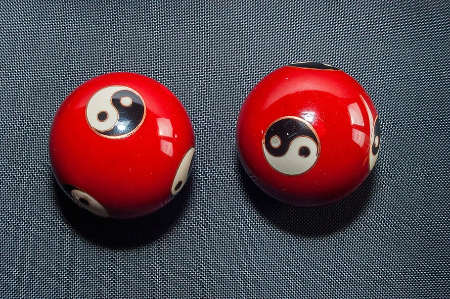 qi gong, balls, red, hollow balls, yin, yang, metal, sport, leisure Games, close-up