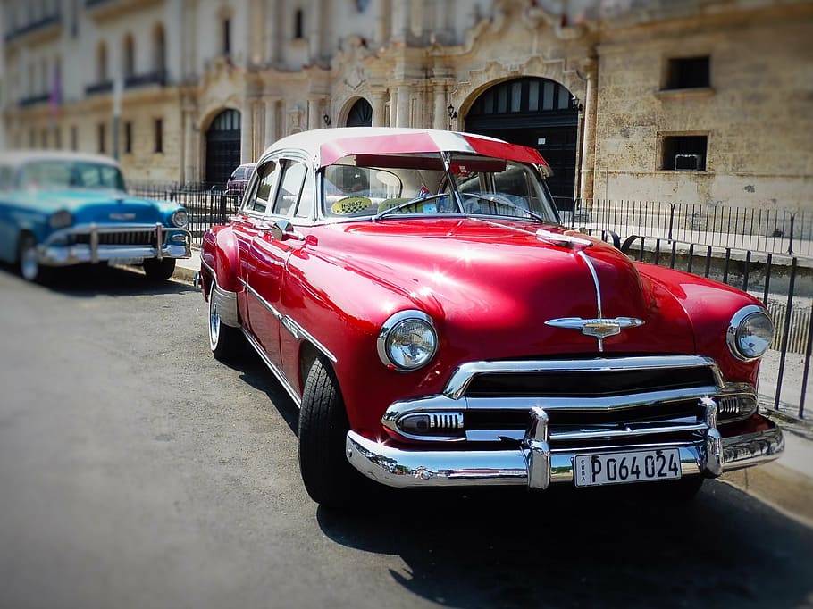 red, silver car, concrete, building, havana, cuba, auto, oldtimer, classic, crom