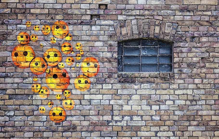 emoticons, smiley, happy, wall, the background, emoticon, architecture, built structure, building exterior, brick wall