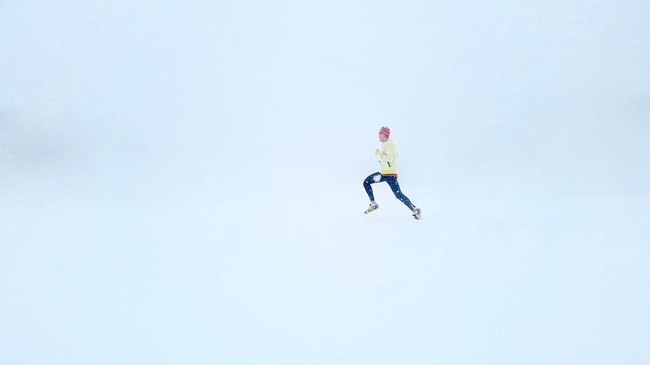 person, yellow, sweater, blue, pants, leaping, air, blue pants, on air, flying