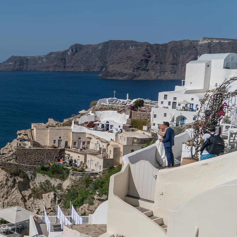 Santorini, Oia, Grécia, Pessoas, Pessoa, casamento, casal, viagem, verão, grego