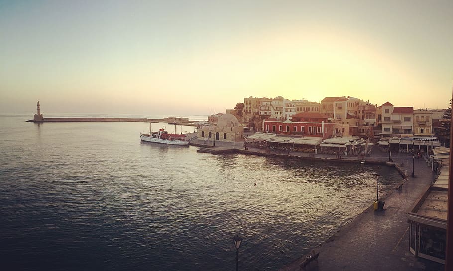 chania, crete, venetian harbour, greece, water, sky, nautical vessel, architecture, transportation, building exterior