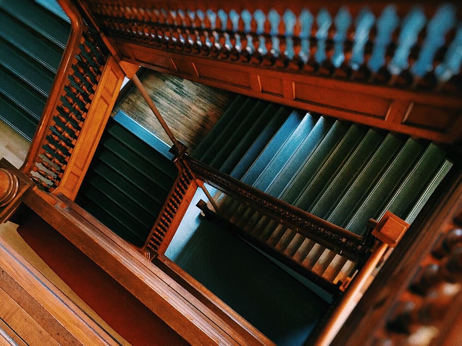 stairs, stairwell, staircase, stairway, architecture, wood - material, indoors, pattern, built structure, musical instrument