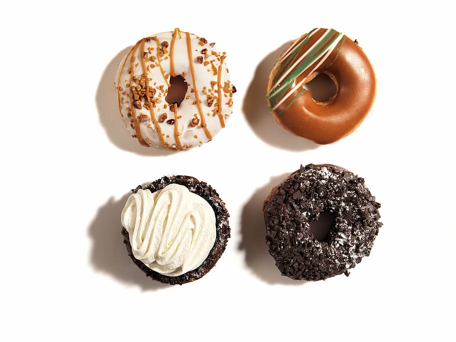 four flavored doughnuts, eat, bread, food, cooking, dining, donut, dessert, snack, gourmet