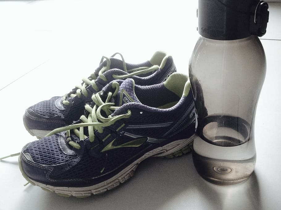 black-and-green brooks, running, shoes, black, sport bottle, white, surface, exercise, fitness, healthy