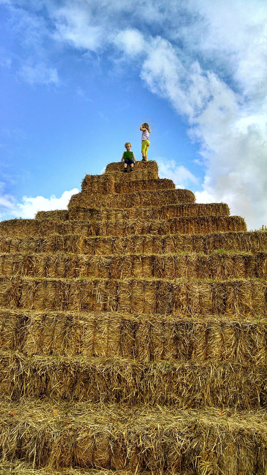 Climbing, Children, Hay, Pyramid, Sky, harvest, golden, child, kid, childhood