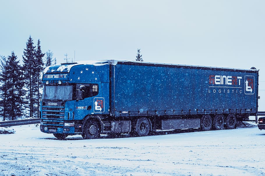 blue, freight truck, parked, scow, truckers, road, winter, snow, white, blue sky
