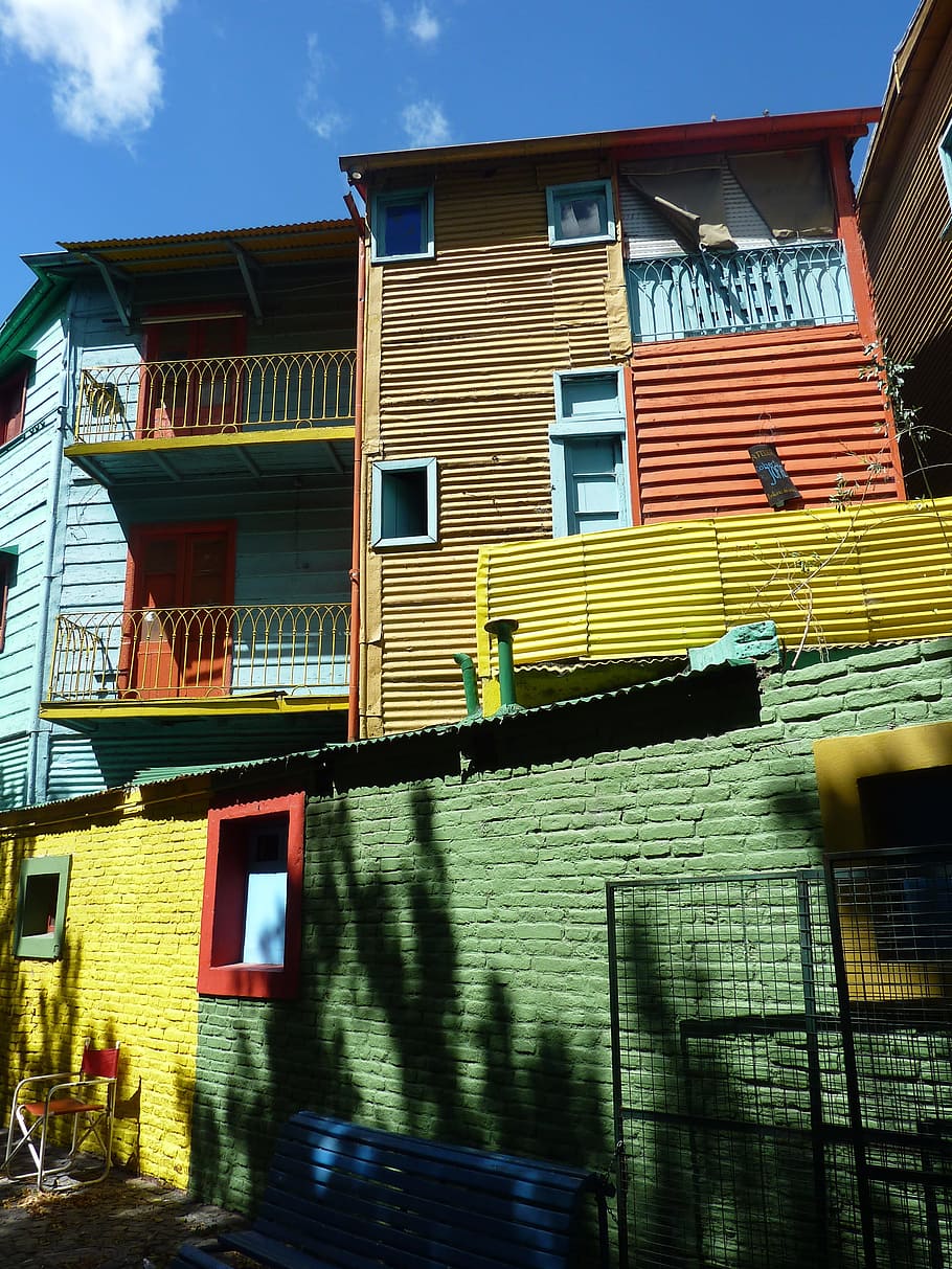 녹색, 갈색, 주황색, 콘크리트, 집, 부에노스 아이레스, 라 보카, 아르헨티나, 화려한, 주택