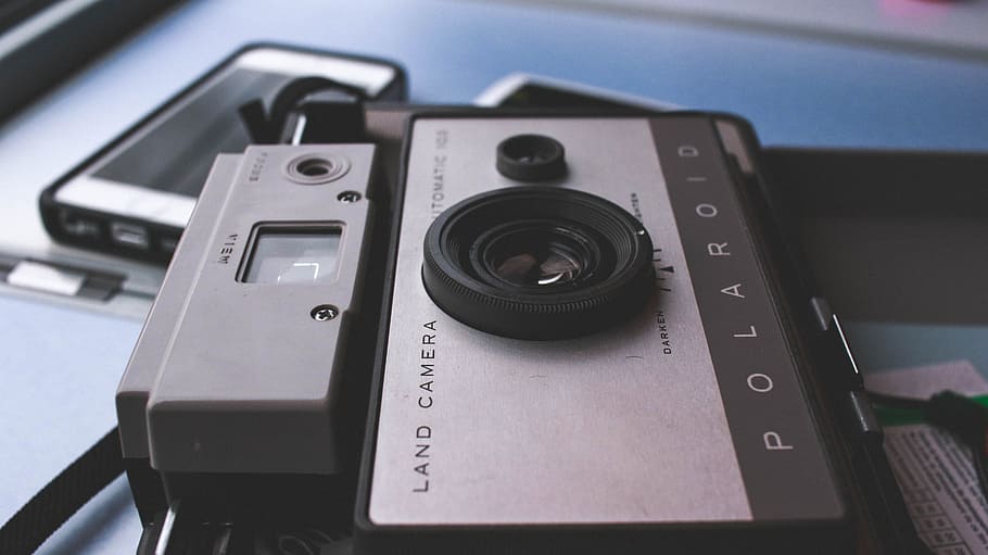 close-up, gray, polaroid land camera, surface, camera, photograph, snap, vintage, old school, technology
