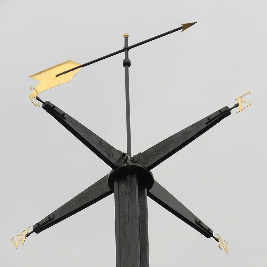 low-angled photography, black, windvane, compass, compass rose, north, south, east, west, direction