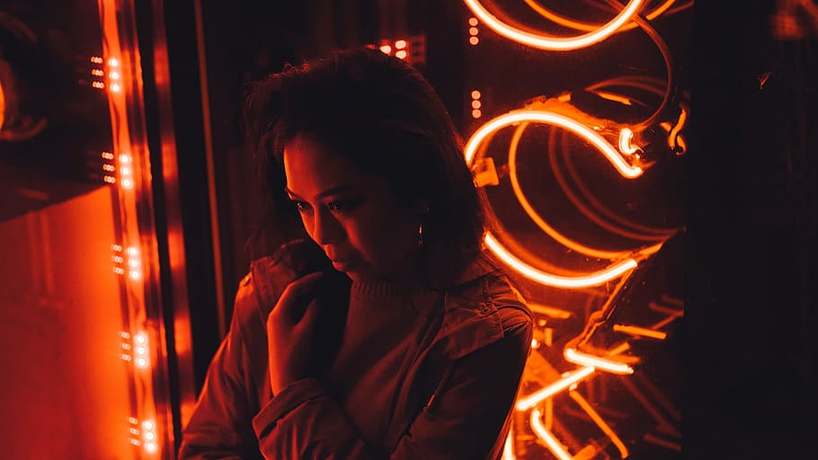 woman, front, orange, neon light, people, girl, lady, red, lights, club