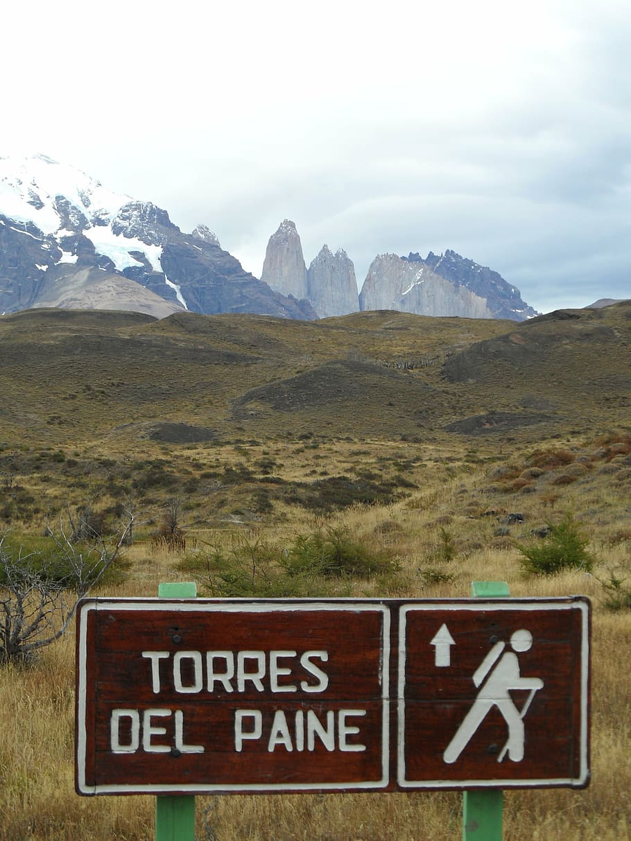 torres del paine, mountains, directory, shield, hiking, mountain, sign, communication, sky, scenics - nature