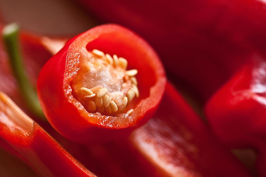 red bell pepper, paprika, fruit, the inside of the peppers, the grain of paprika, red, red pepper, sweet peppers, cayenne pepper, health