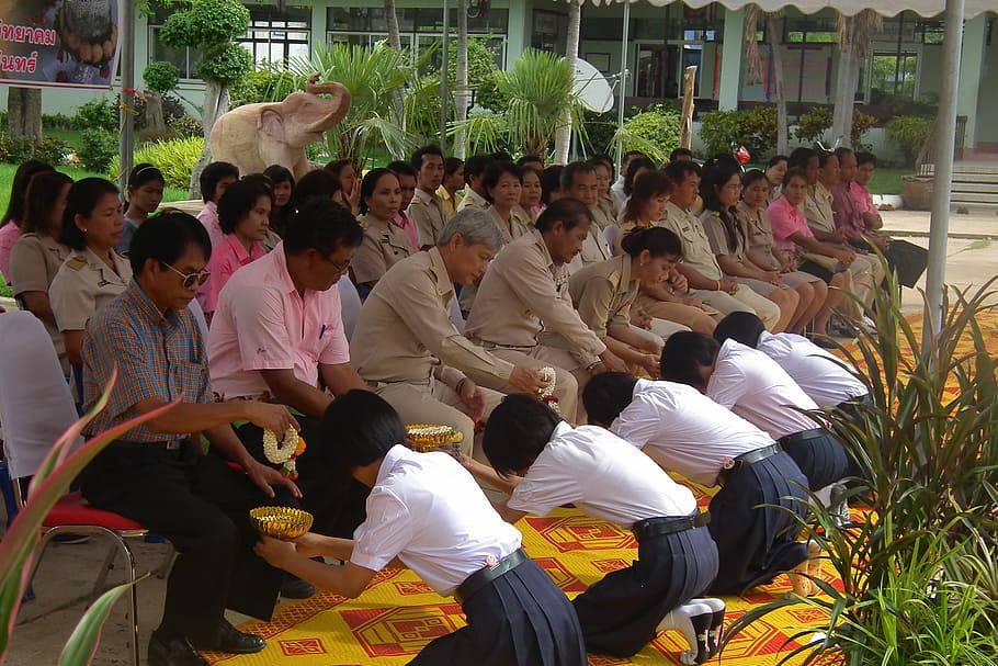 Thailand, Men, Women, Offering, Ceremony, faith, religion, military, kneeling, outside