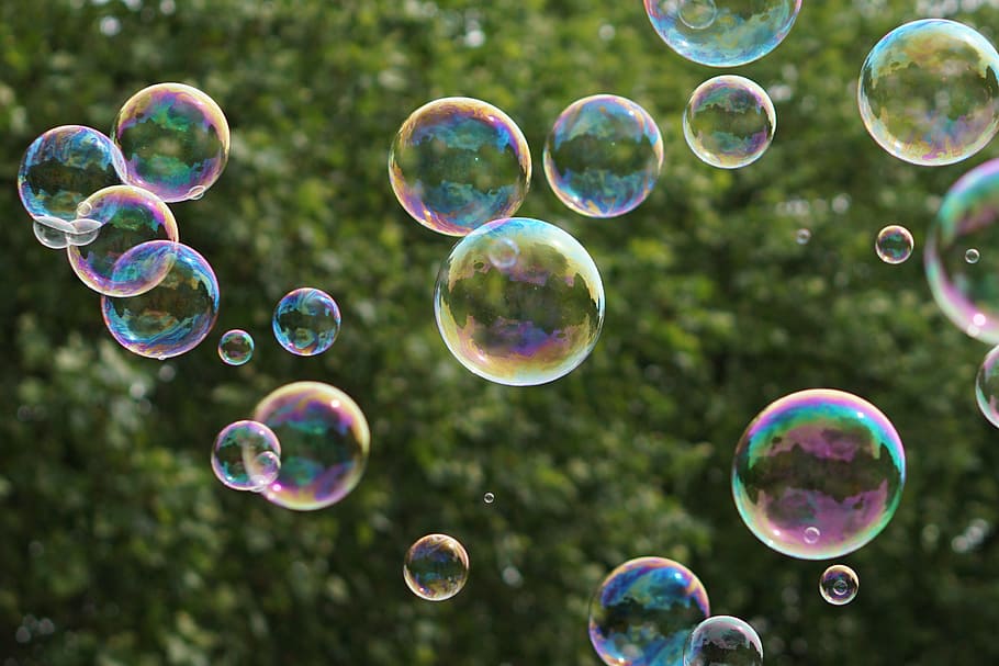 fotografía de tilt-shift de burbujas, pompas de jabón, verde, farbenspiel, árbol, colorido, brillo, flotar, aireado, facilidad