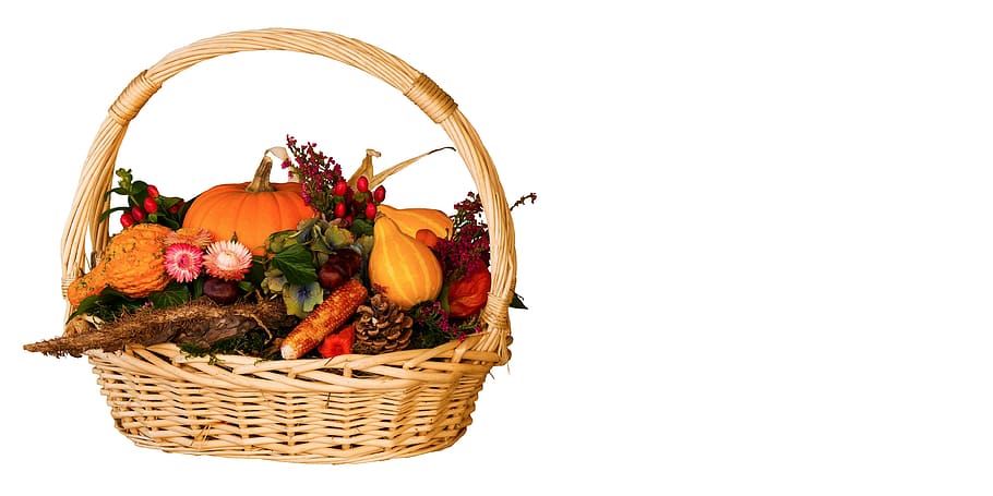 frutas, marrón, cesta de mimbre, otoño, cosecha, acción de gracias, decoración de otoño, calabazas, cesta, deco